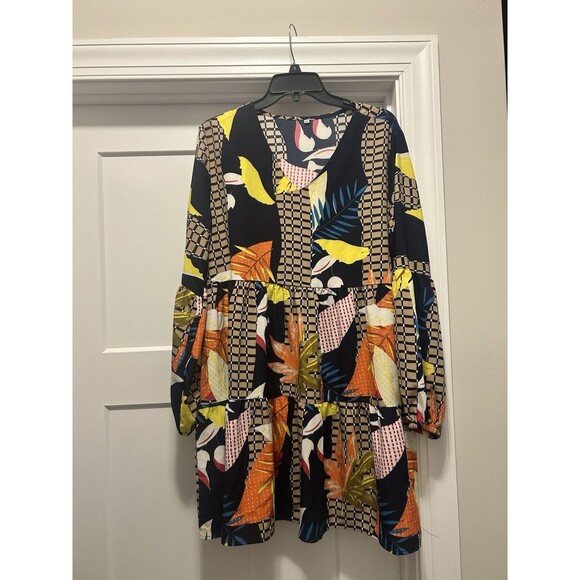 Tiered V-Neck, Navy, Yellow, Orange Colorful Abstract Flowy Comfortable Dress XL - Picture 2 of 7
